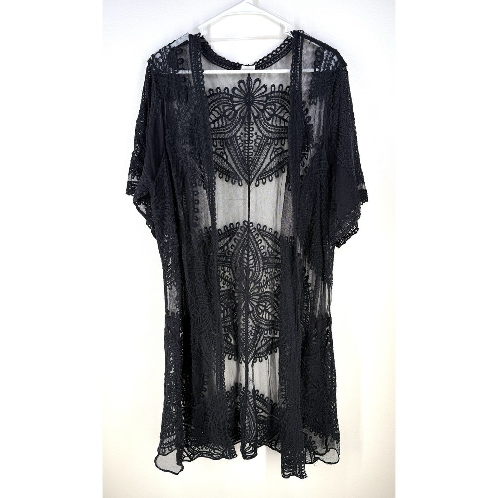 Lace Kimono Womens L/XL Black Embroidered Sheer Open Front Cover Up Boho Layer